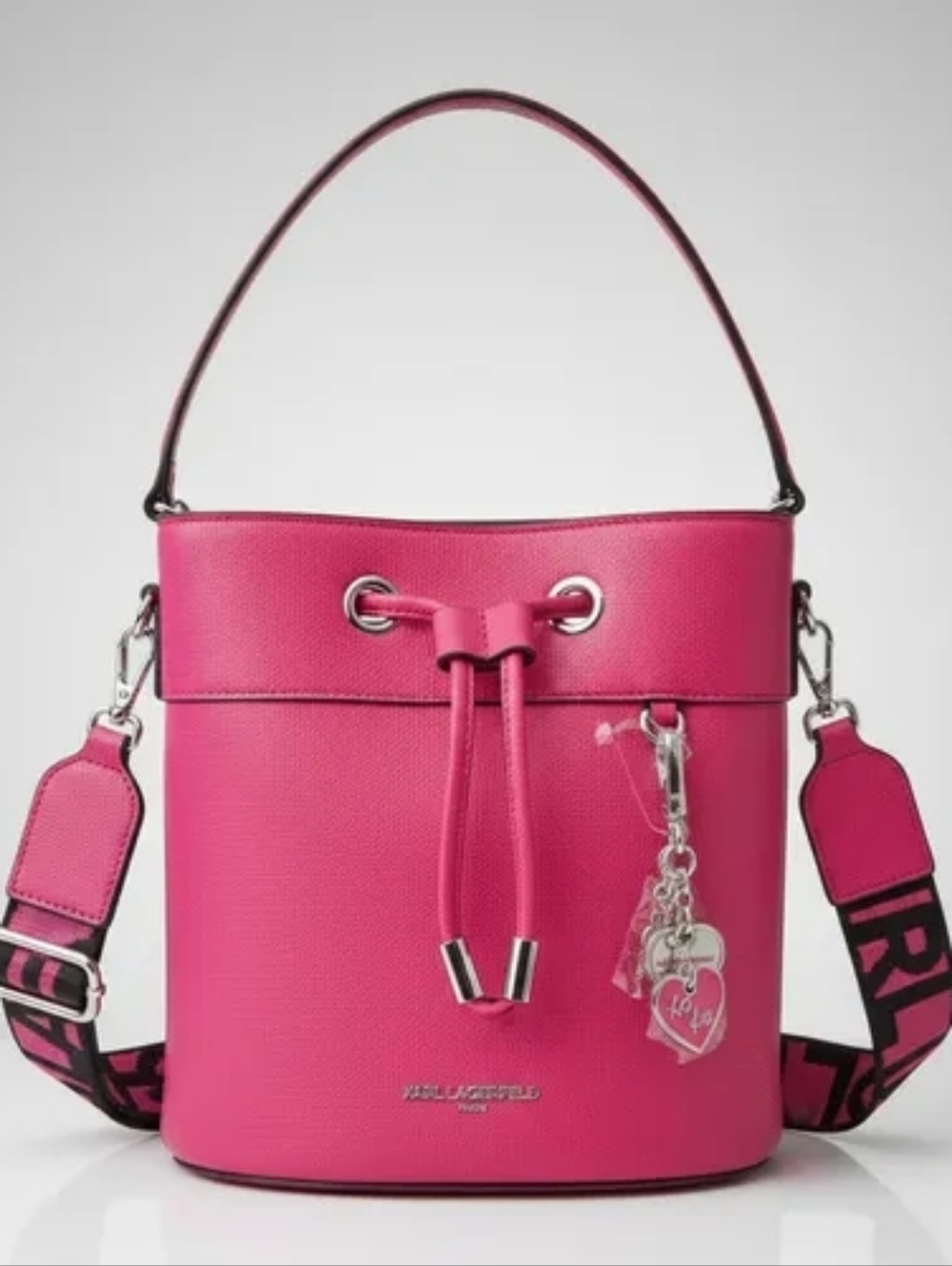 KARL LAGERFELD PARIS 'ADELE' BUCKET STYLE HANDBAG W/ LOGO WEBBING DUAL STRAP
